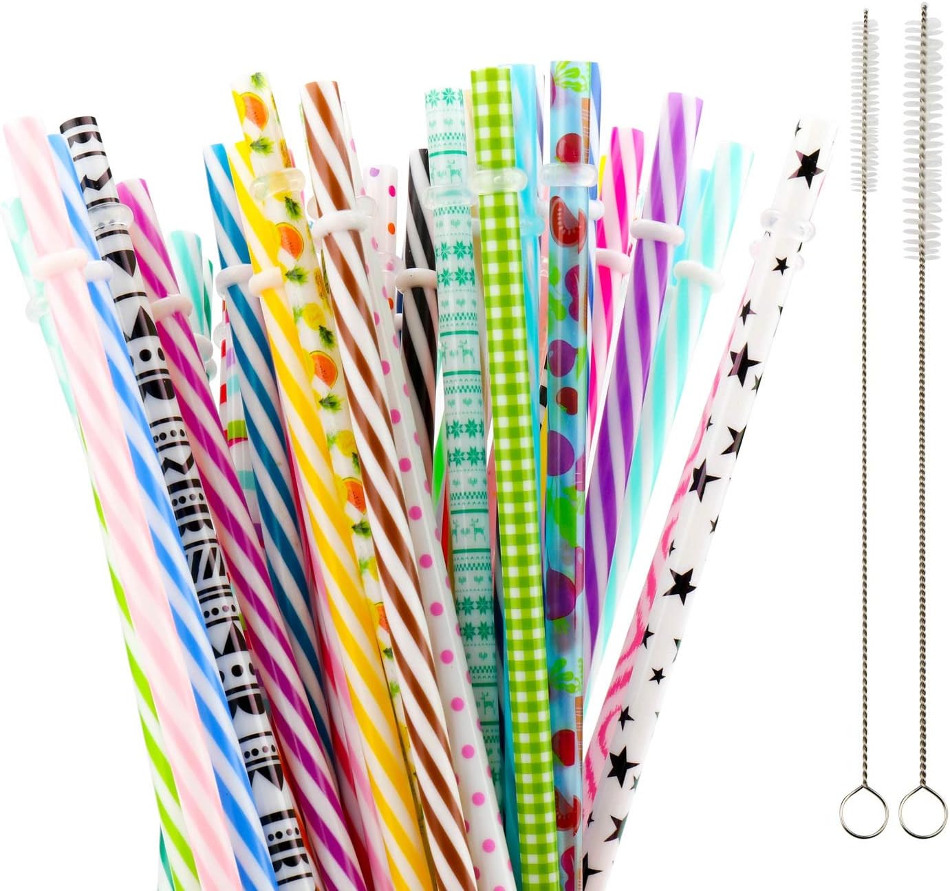 50 Pack Reusable Straws, BPA-Free, 9" Colorful Hard Plastic Stripe Drinking Straw for Mason Jar Tumbler, Family or Party Use with Cleaning Brush