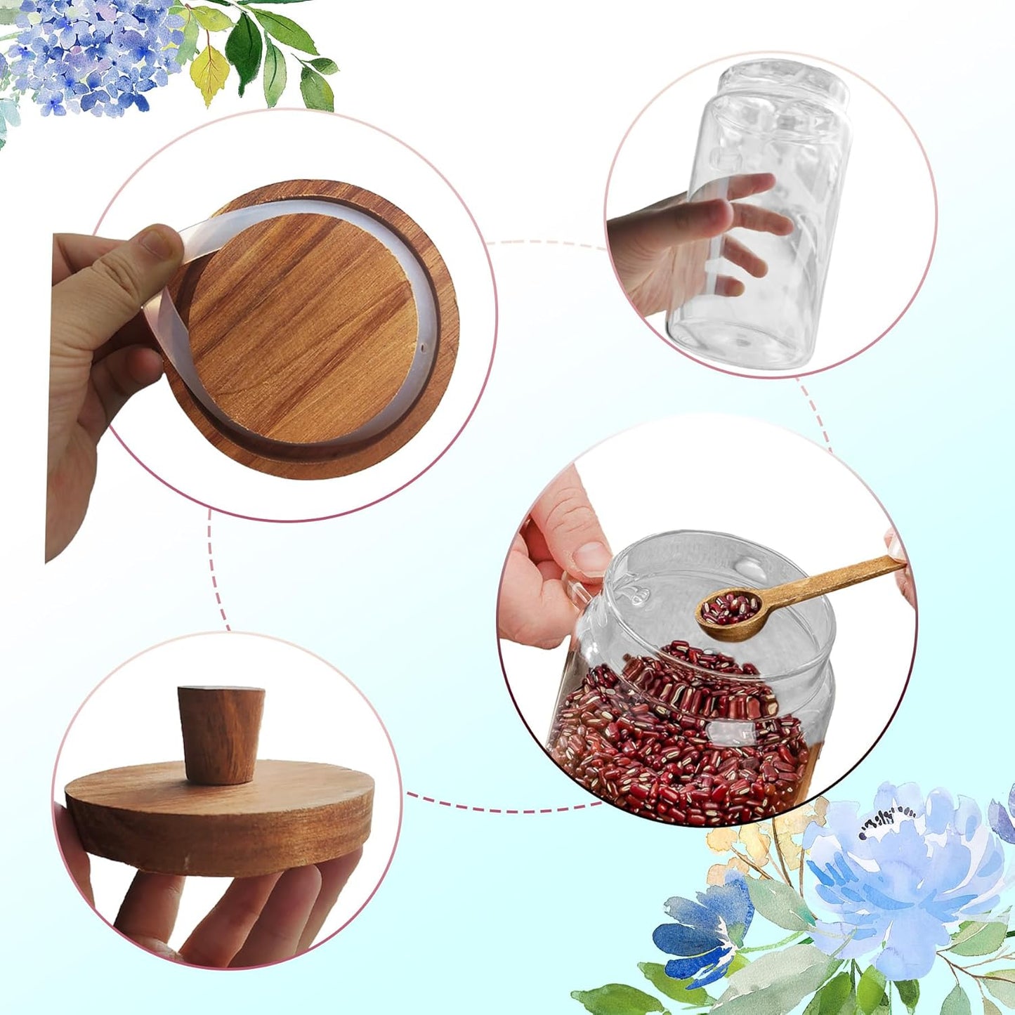 Set of 3 Glass Jars Containers with Wooden Handles Lids and Scoop Clear Canister Jars Set with Spoon for Kitchen Food Storage Coffee Tea Sugar Decorative Countertop Organization Jars 25 oz