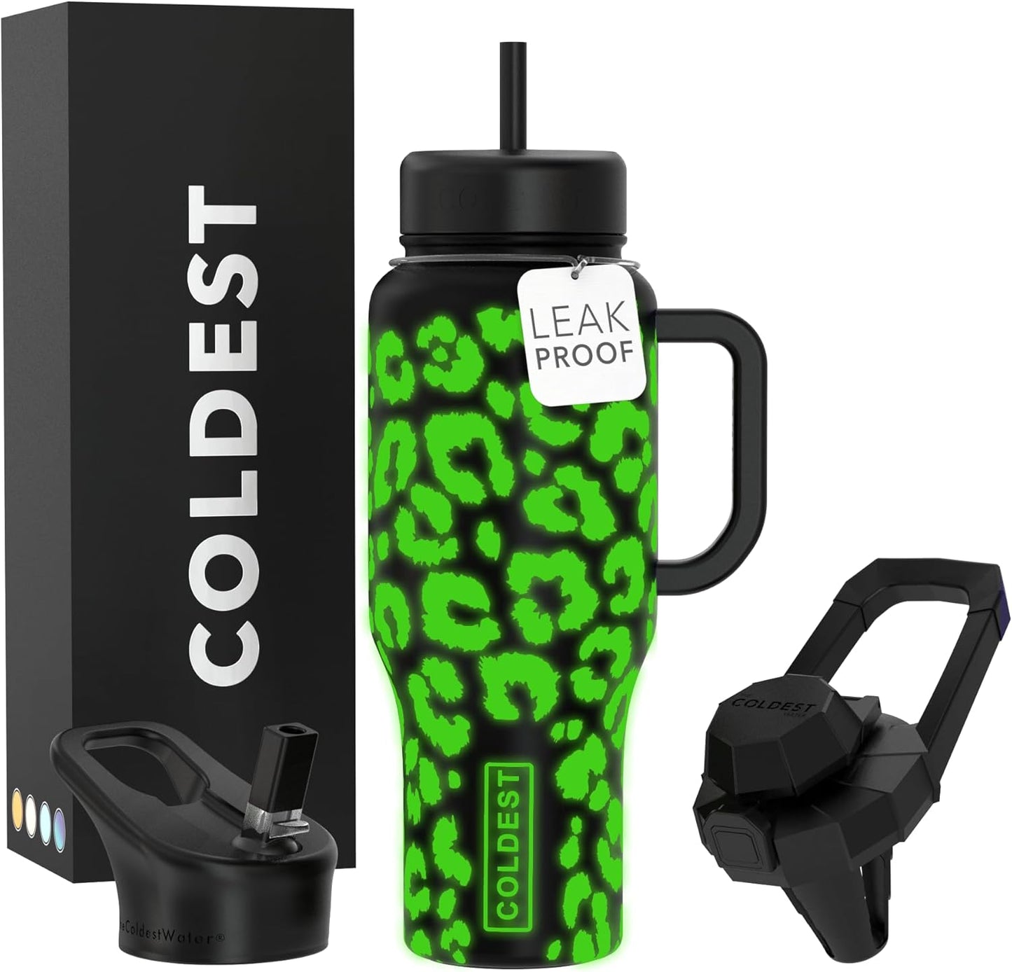 Coldest 40 oz Tumbler with Handle and Straw, 100% Leak Proof Insulated Tumbler with Lid and Straw (3 Lids), Stainless Steel Tumblers for Women & Men, Cup Holder Friendly, 36 oz (Glowie Leopard)