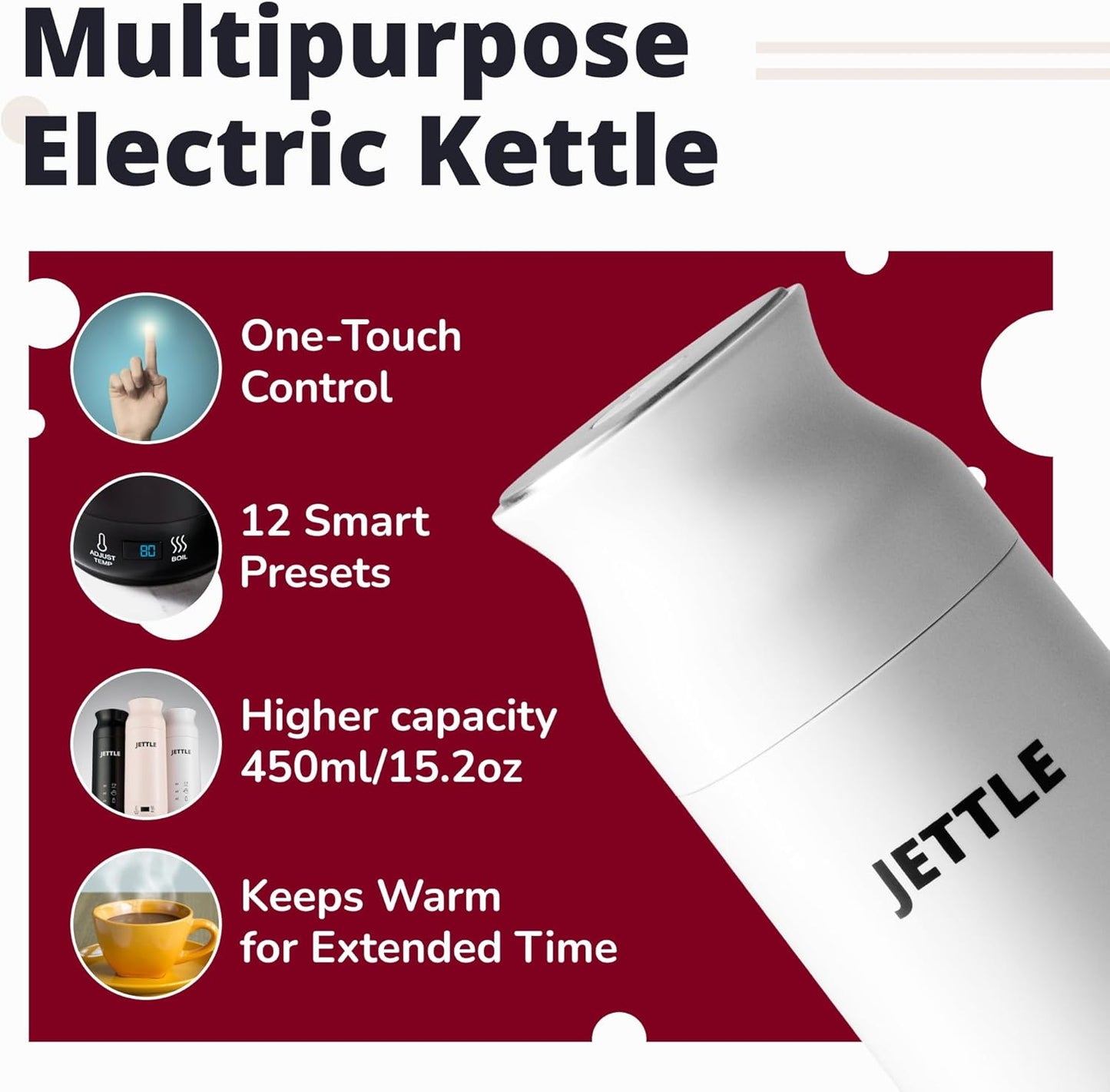 Electric Kettle - Travel Portable Heater for Coffee Tea Milk Soup - Stainless Steel Travel Water Boiler tea pot with Temperature Control - LED - Automatic Power Off - 450ml - Kitchen Appliance