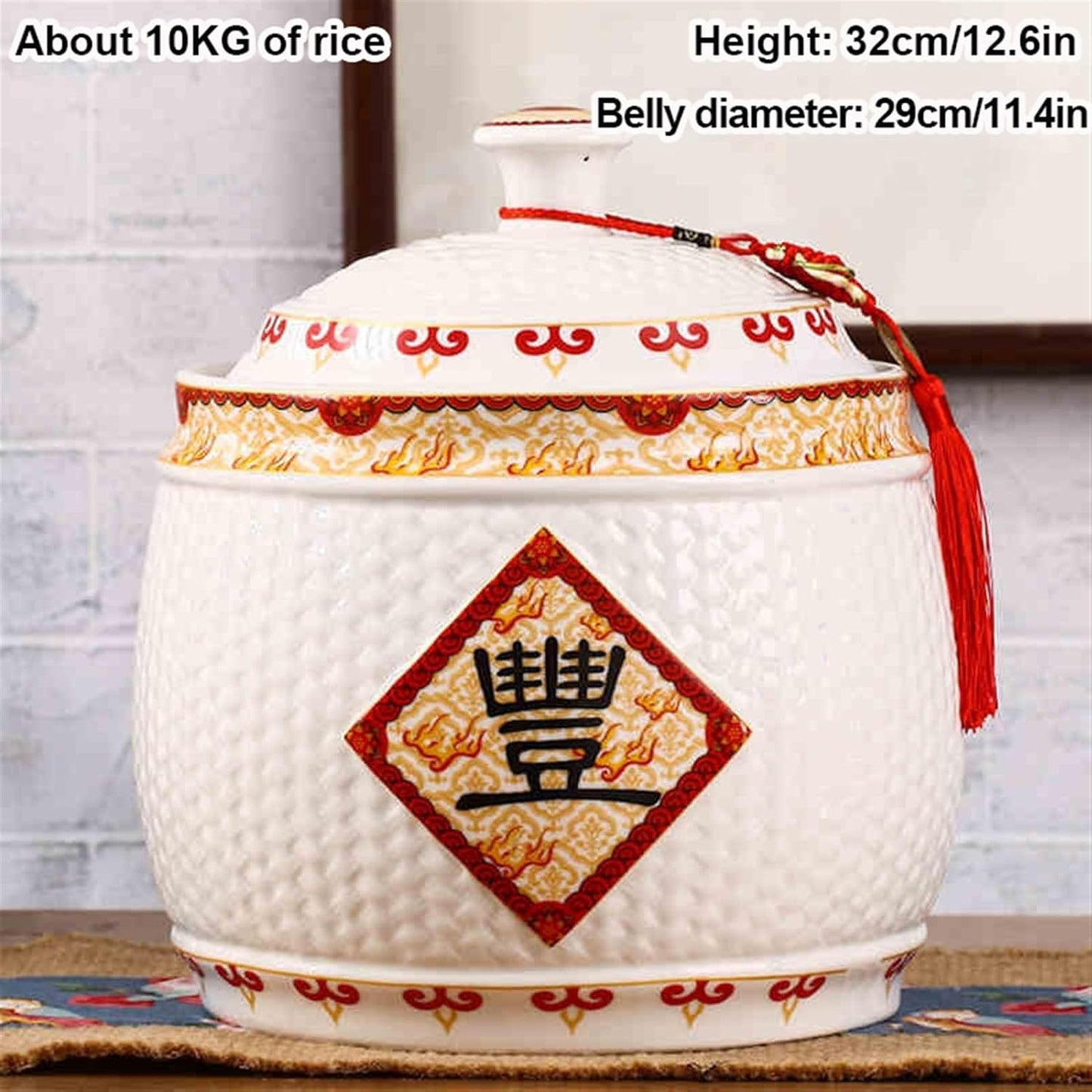 Chinese Sealed Large-Capacity Rice Pot, Ceramic Rice Bucket With Tassel Design, Grain Storage Ceramic Container, Rice Dispenser Airtight Storage Bucket For Grains Snacks Candy Coffee Beans Food(D,Capa