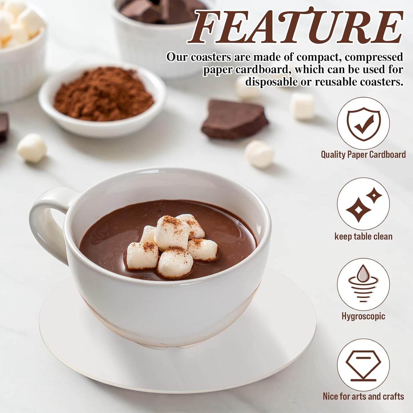 TaoBary 200 Pcs Disposable Paper Coasters Bulk 1MM, 4 Inch Round Cardboard Coasters Blank for Bar Drinks DIY Crafts Arts Wedding (White)