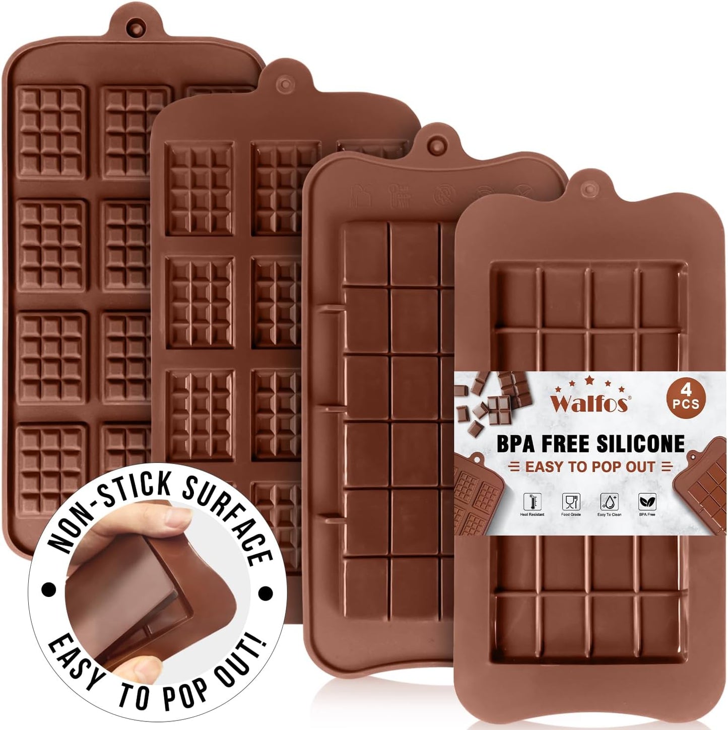 Walfos Break-Apart Chocolate Molds, Non-Stick Silicone Chocolate Bar Mold, Food Grade Candy Bar Mold, Perfect for Energy Bar, Cocoa Mini Bar, Basic Bites, 4 Pack