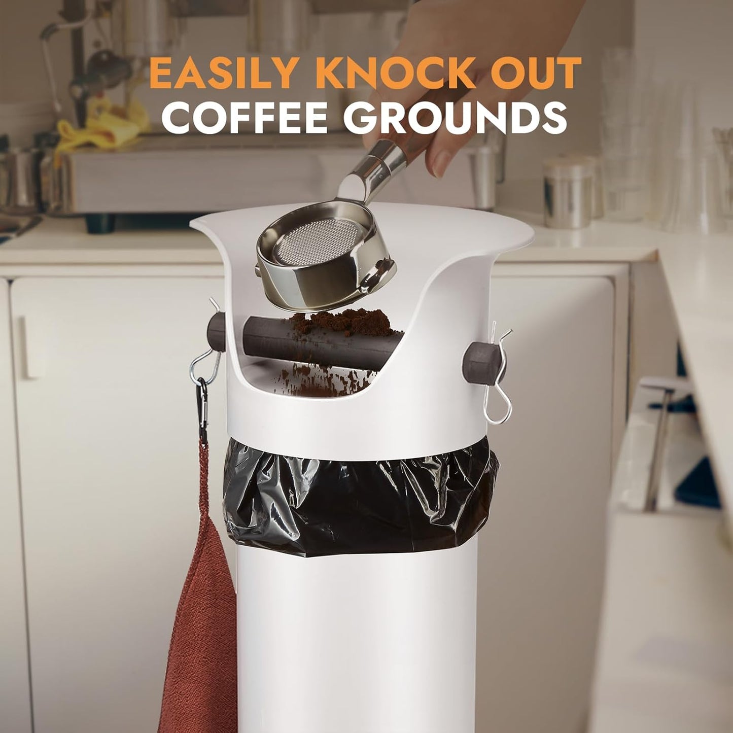 CURTA Espresso Coffee Knock Box with Garbage Bags(30Pcs), Commercial Knock Box for Coffee Grounds, Coffee Shop Kitchen Bar, White, Extra Large Collection Dump Bin