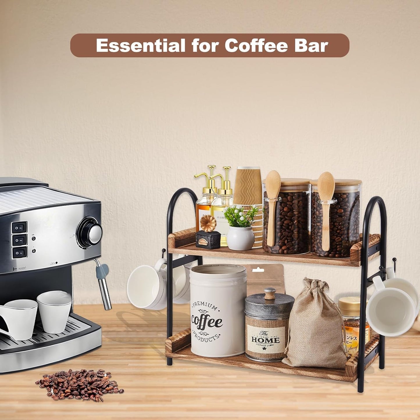 Coffee Bar Accessories, 2-Tier Coffee Bar Organizer with 4 Coffee Cup Holder Hooks, Mul-tifunctional Wooden Beaded Coffee Station Countertop Stand Shelf for Kitchen Home Office