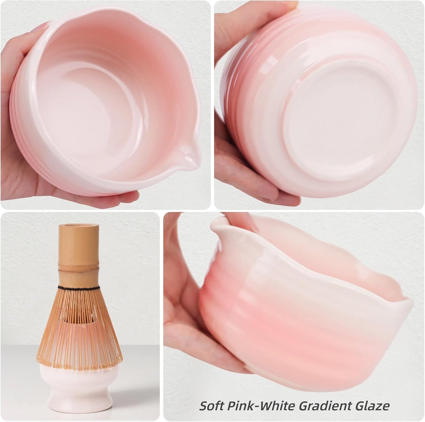 Pink Matcha Whisk Set, 6 Pcs Matcha Kit Includes Pink Matcha Bowl with Spout, Macha Whisk & Holder, Tea Scoop, Stainless Sifter, Cat Scoop Rest, Unique Macha Gifts for Women, Friend, Birthday