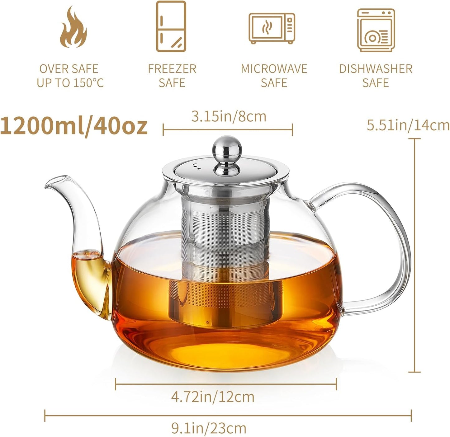 40OZ (1200ML) Glass Teapot with Infuser Stovetop Safe, Clear Glass Tea Pot Kettle, Borosilicate Tea Pot with Infusers Filter for Loose Tea, Tea Kettle Dishwasher Safe