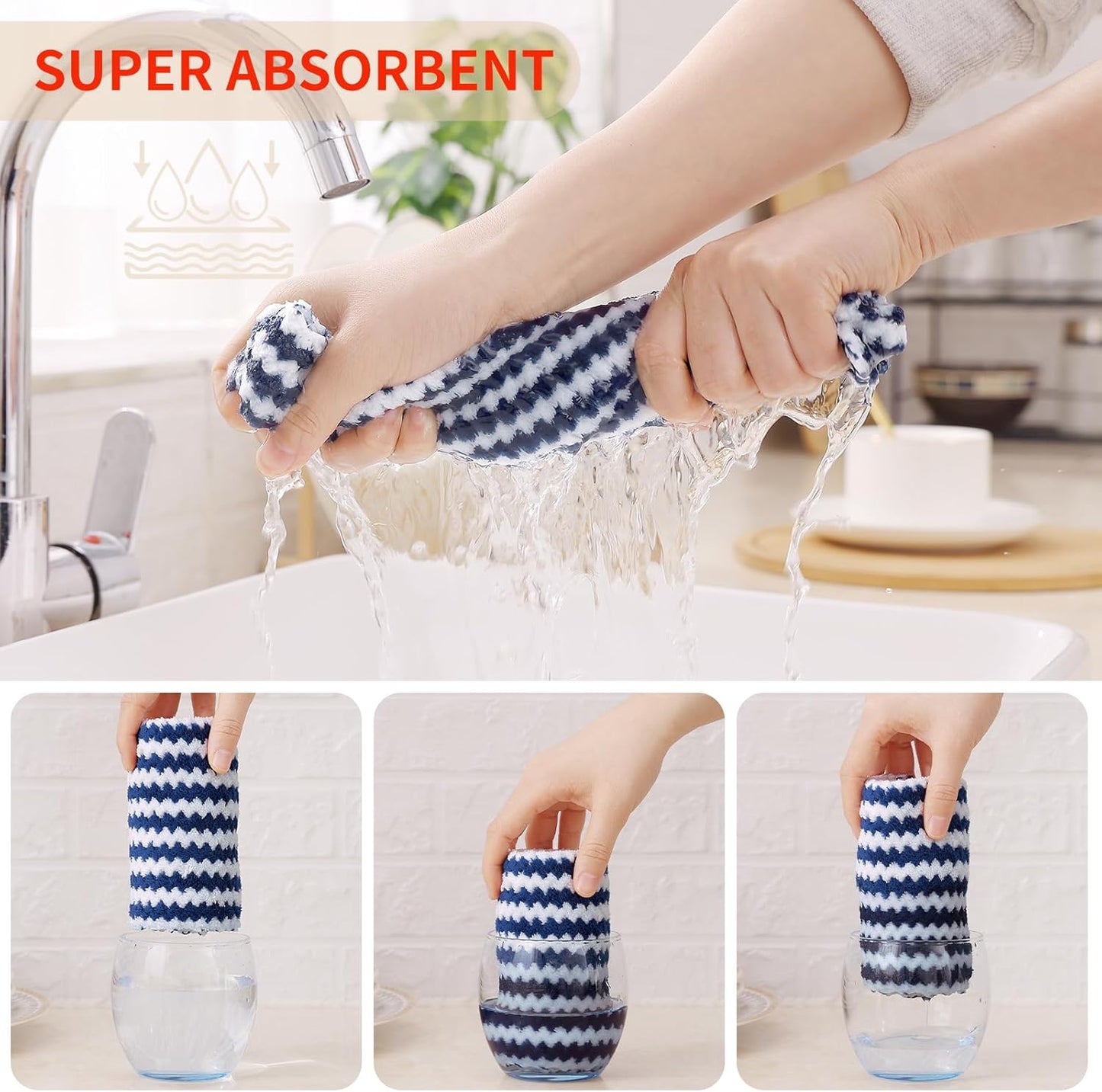 Homaxy 12 Pack Kitchen Dish Cloths, Ultra Soft and Absorbent Dish Towels, Reusable Fast Drying Microfiber Cleaning Cloth, Coral Velvet Wave Design No-lint, 10 x 10 inches, Navy Blue