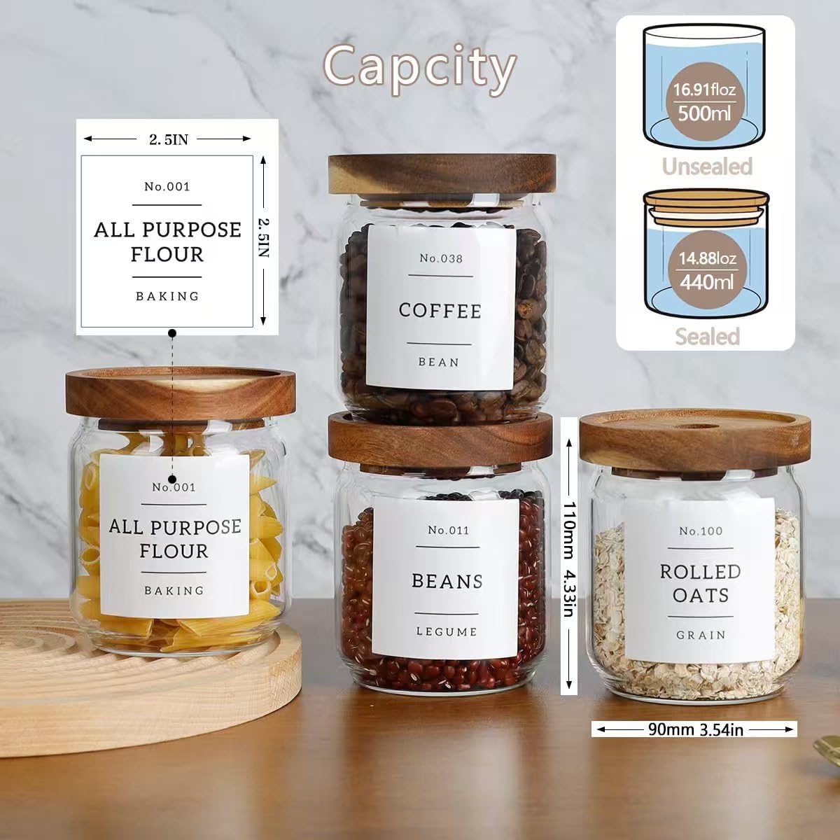 16 OZ Stackable Glass Food Storage Jars with 132 Pantry Labels Preprinted - 6 Pcs Thicken Glass Storage Containers with Airtight Acacia Lid - Clear Kitchen Canister for Spice, Tea, Coffee, Sugar