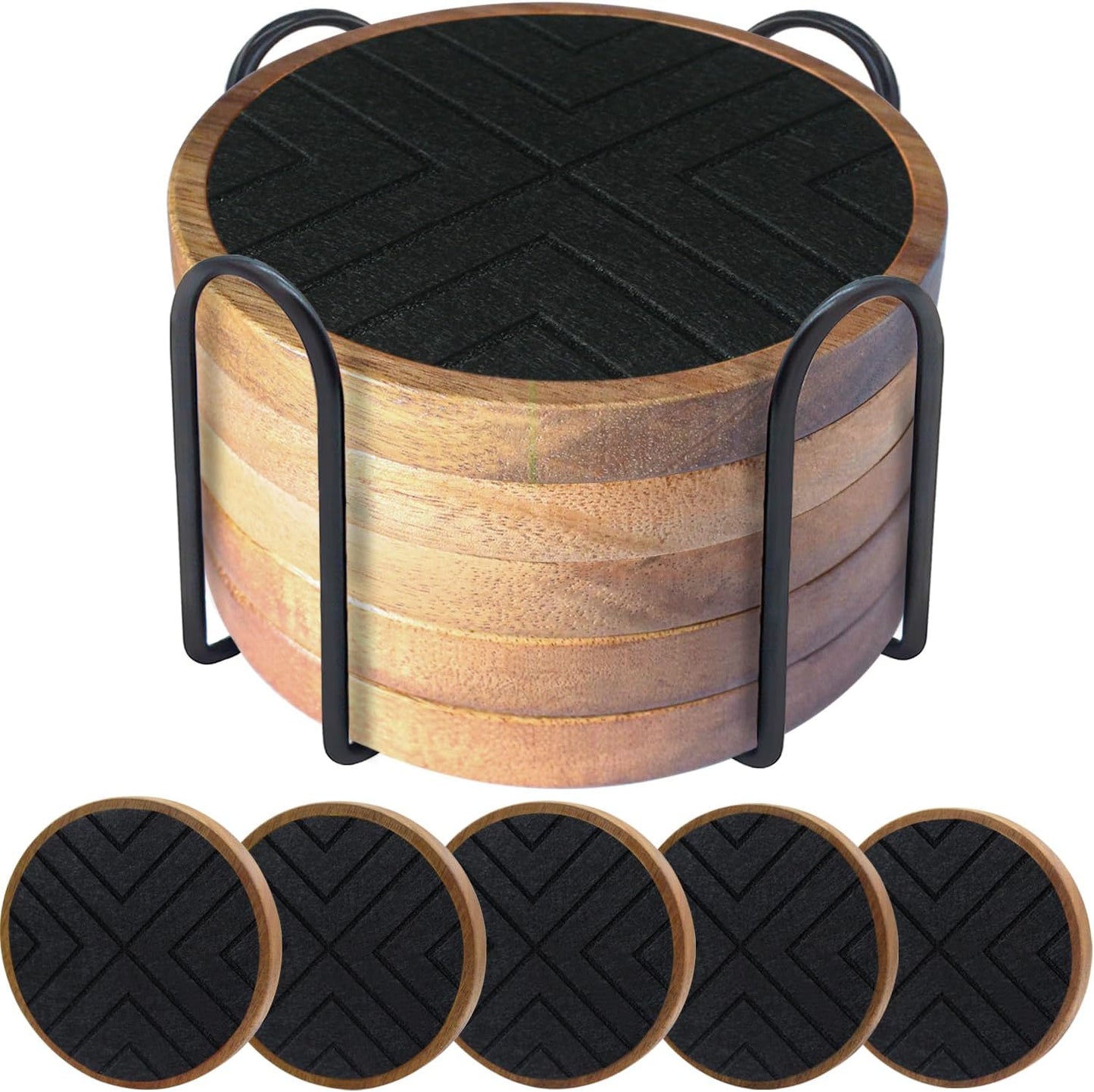 Wood Coasters with Felt Pads, Non-Slip, Non-Stick - 5 Pack Absorbent Coasters for Coffee Table with Holder, Suit for Kinds of Cups 4.3 inch (Black Series)
