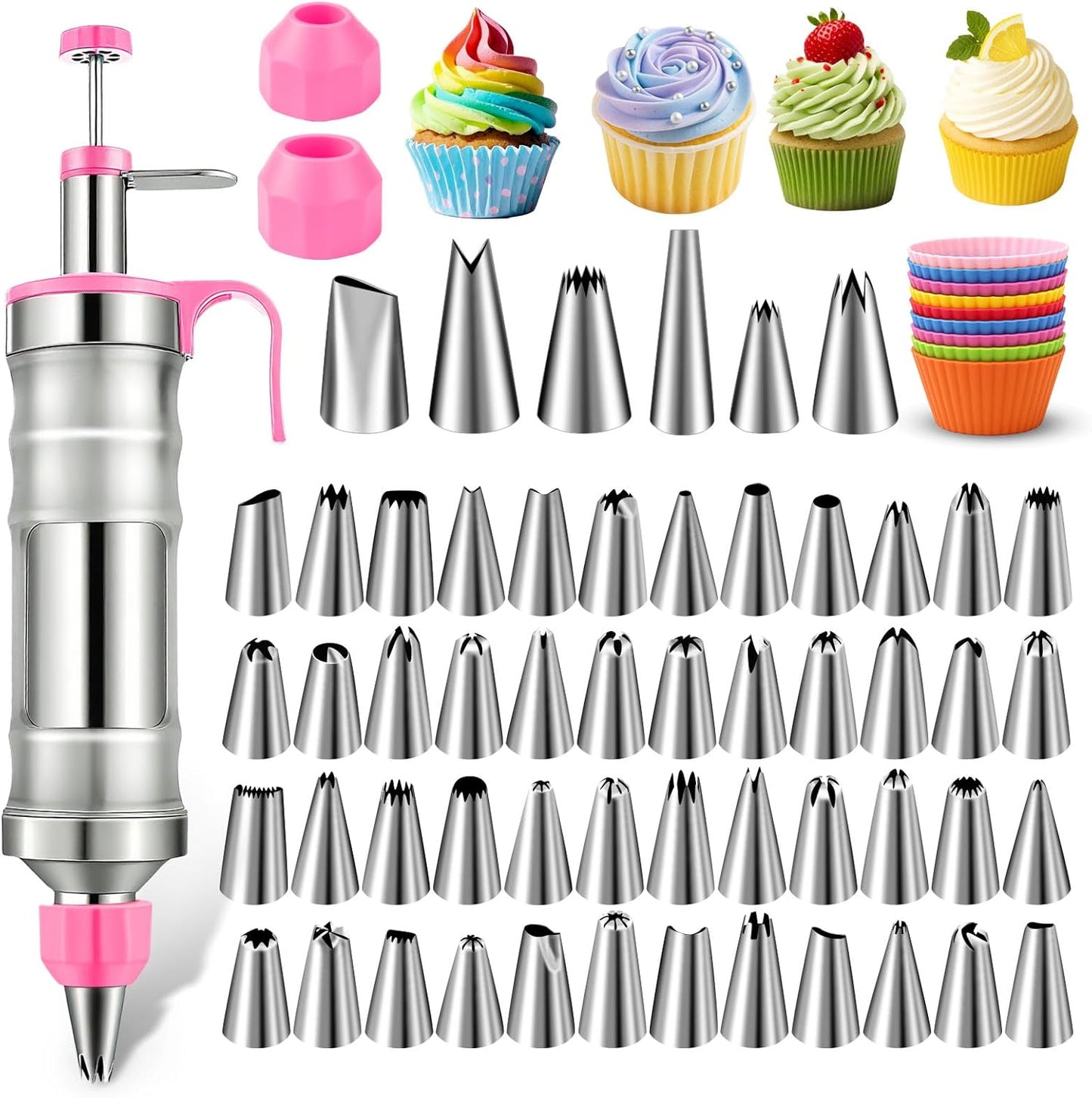 NOVANO Dessert Decorating Syringe Set, Frosting Piping Kit Stainless Steels Cake Decorating Kit with 54 Piping Tips & 9 silicone cupcakes, Cupcake Decorating Kit Piping Bags and Tips Set