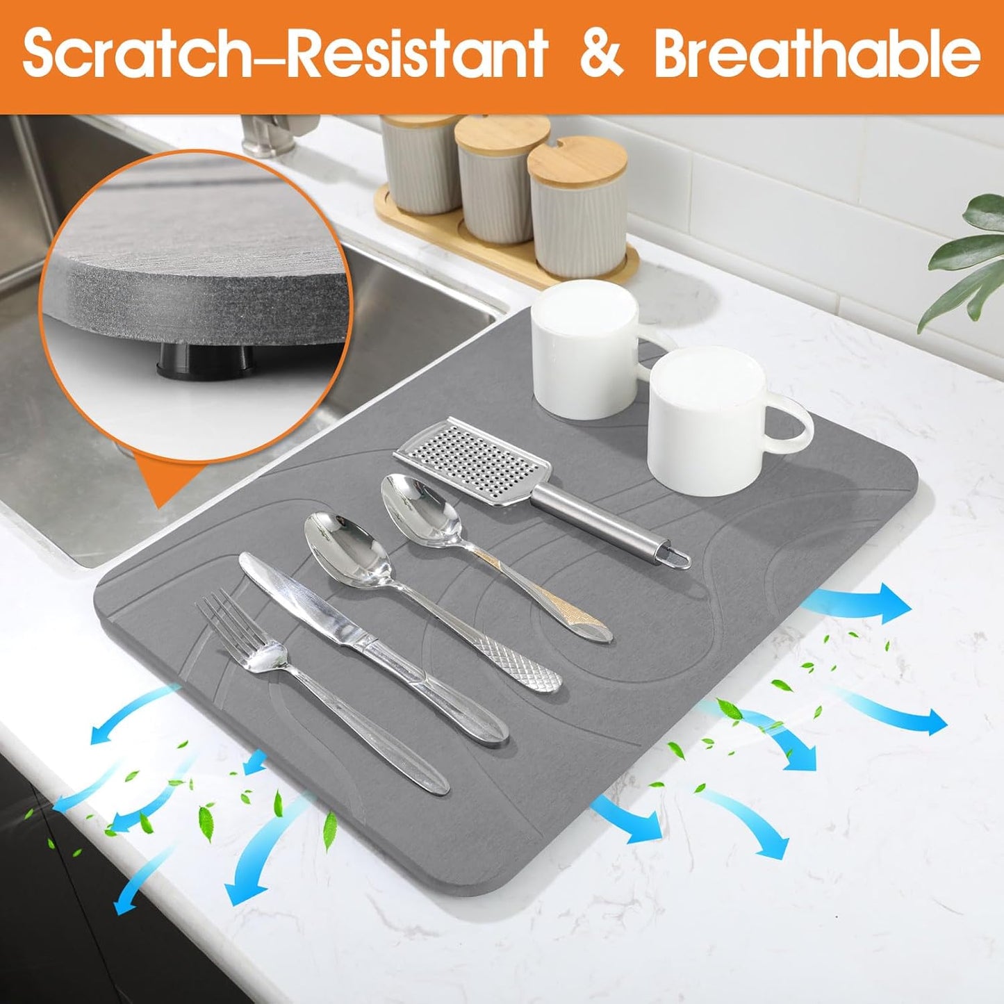 Stone Dish Drying Mat for Kitchen Counter - 18"x14" Dirt-Resistant Quick Drying Fast Absorbent Non-Slip Diatomite Mat, Natural Diatomaceous Earth Dish Drying Pad for Dish Rack