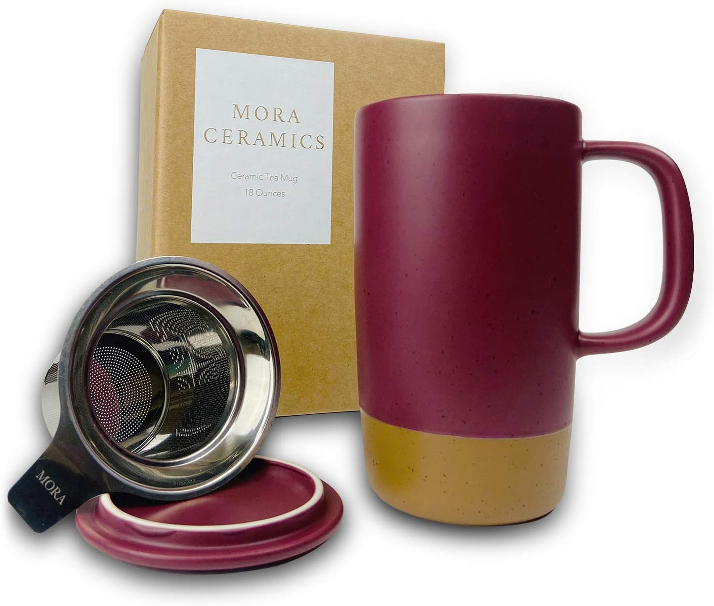 Mora Ceramics Large Tea Mug with Loose Leaf Infuser and Ceramic Lid, 18 oz, Portable, Microwave and Dishwasher Safe, Tall Coffee Cup - Rustic Matte Ceramic Glaze, Modern Herbal Tea Strainer, Merlot