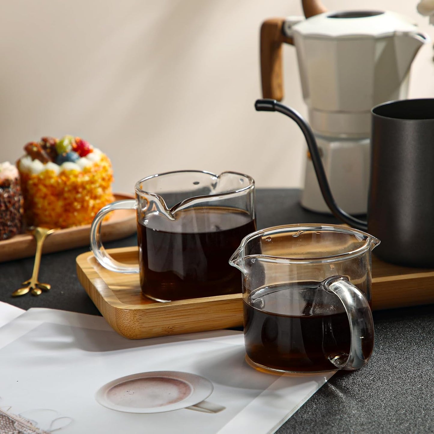 Patelai Espresso Cups Set of 2, 180ml/ 6oz Coffee Cups with Double Spouts & Handle, Clear Espresso Shot Glass for Espresso Machines, Milk Frothing, and Coffee Bars Accessories