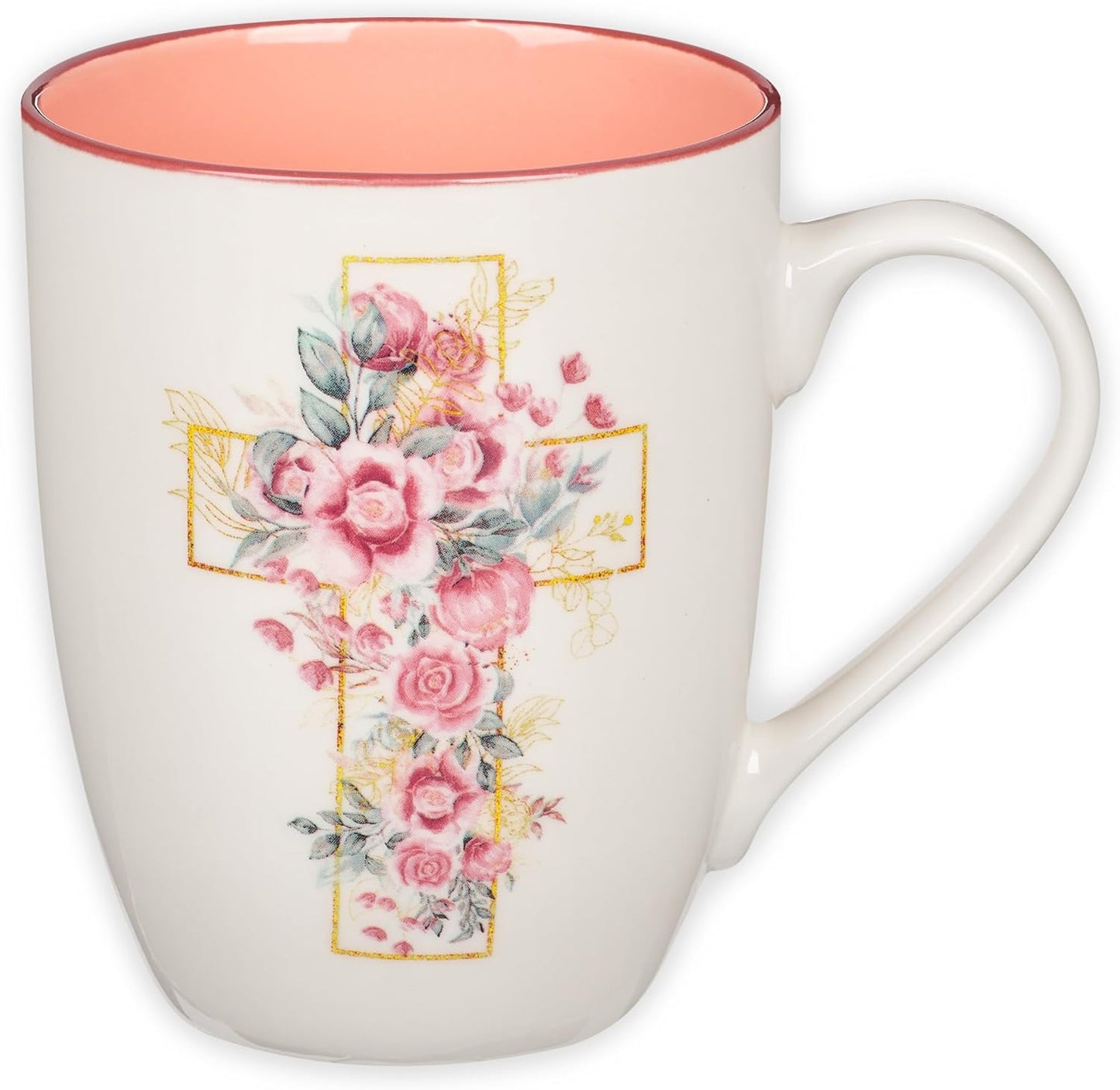 Christian Art Gifts Encouraging Ceramic Coffee & Tea Mug for Women: Rosy Pink Floral Cross, Microwave & Dishwasher Safe Cup, Cute Lead-free Inspirational Encouraging Novelty Drinkware, White, 12 oz.