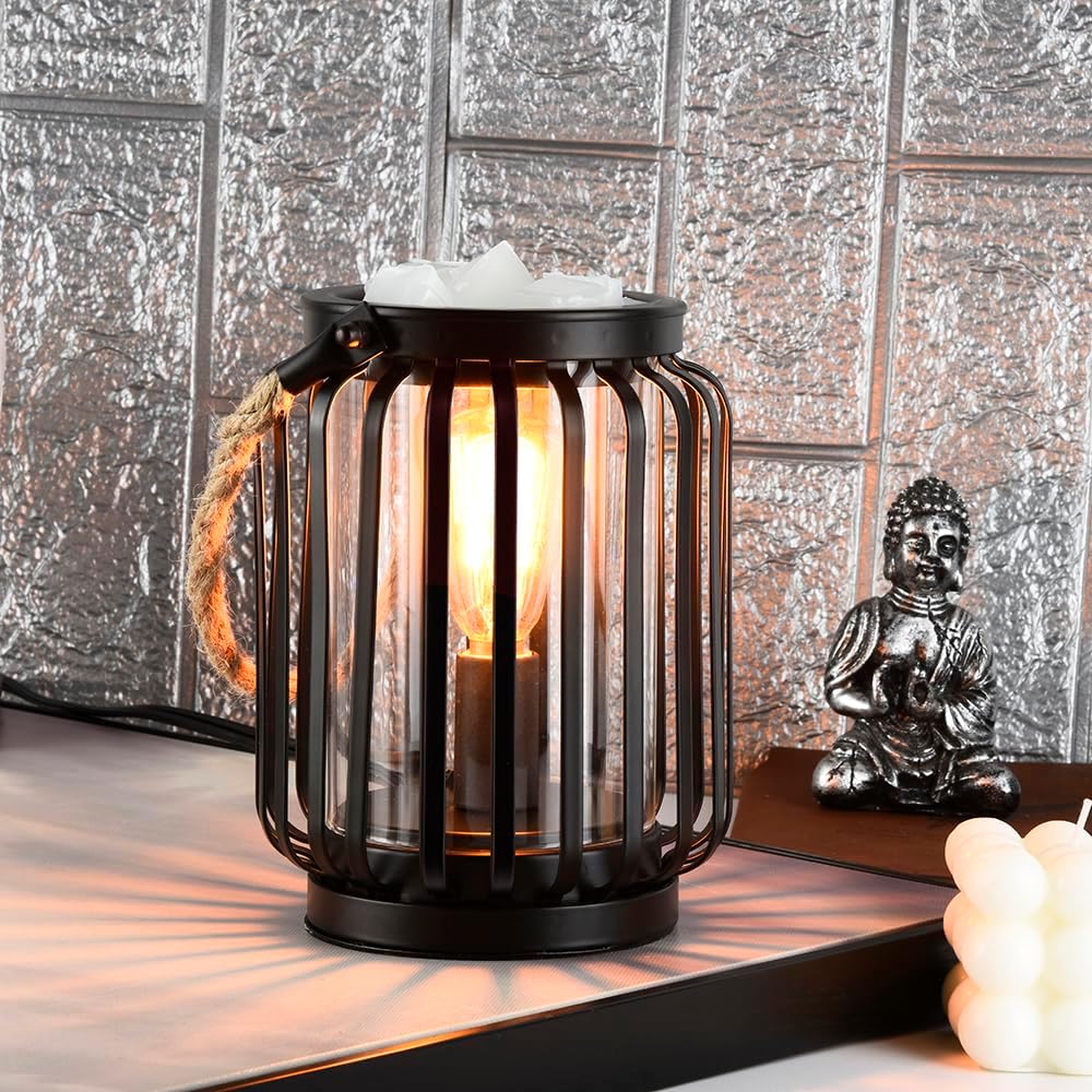 Electric Wax Warmer,Metal Wax Warmer,Rustic Candle Wax Burner for Aromatherapy Wax, Oil Burner,Fragrance,Home Decoration, Gifts (Lanterns), Black, HLBULB-002
