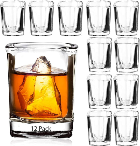 Ruckae 12 Pack 2 OZ Shot Glasses Set Clear Shot Glasses Bulk with Heavy Base Bar Square Glass Shot Cups for Vodka Tequila Whiskey Liquor