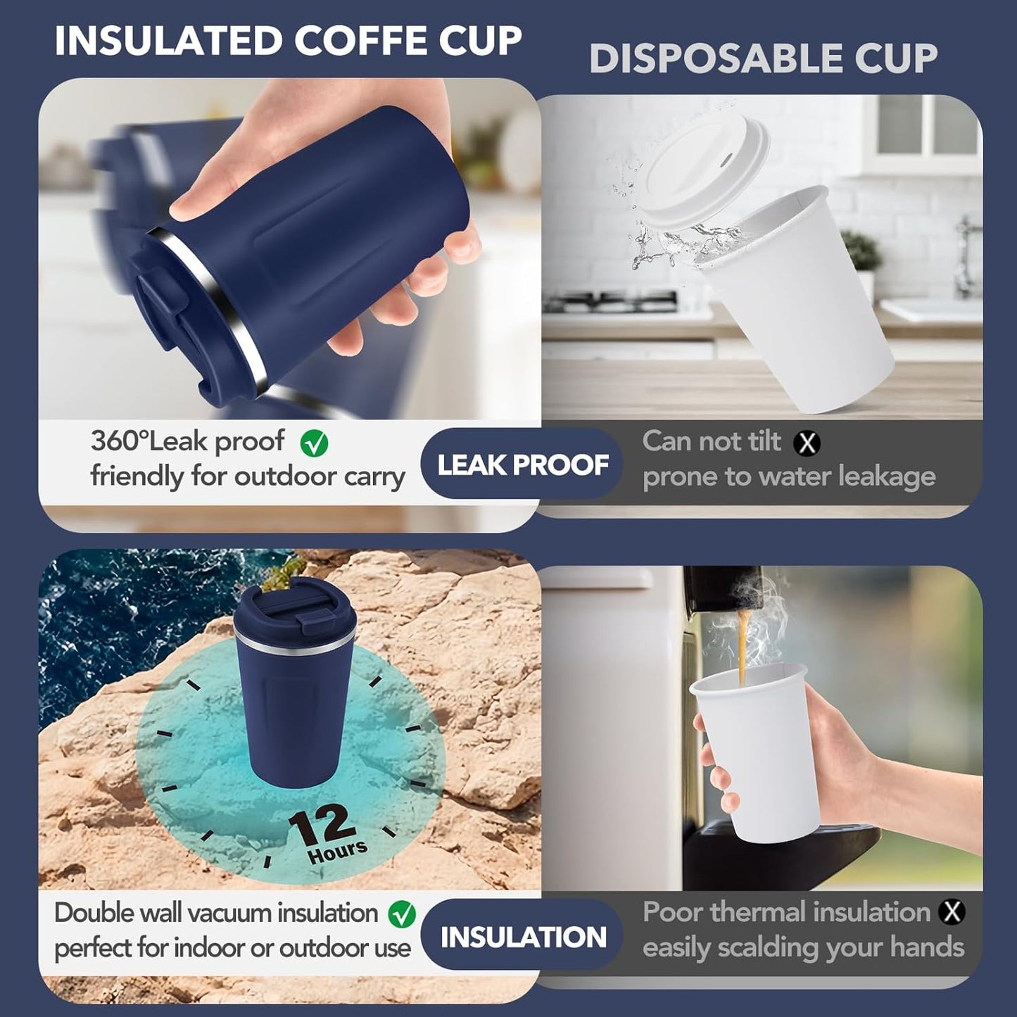 Volhoply 12 oz Double Wall Insulated Vacuum Travel Coffee Mug with Flip Lid Bulk 4 Pack,Reusable Stainless Steel Leak Proof Coffee Cups,Portable Cafe Thermal Tumbler for Hot & Cold Drinks(Navy,4 Set)