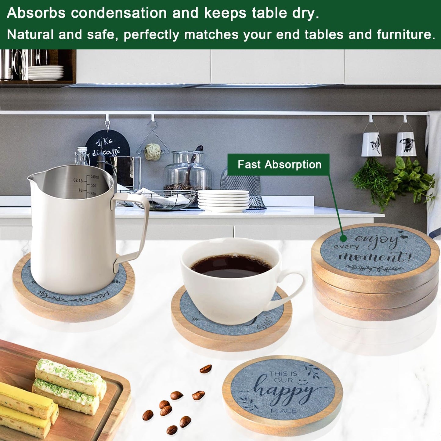 Wood Coasters for Drinks Housewarming Gifts for Home Decoration Coasters Sets of 6 4.3 Inch Gray