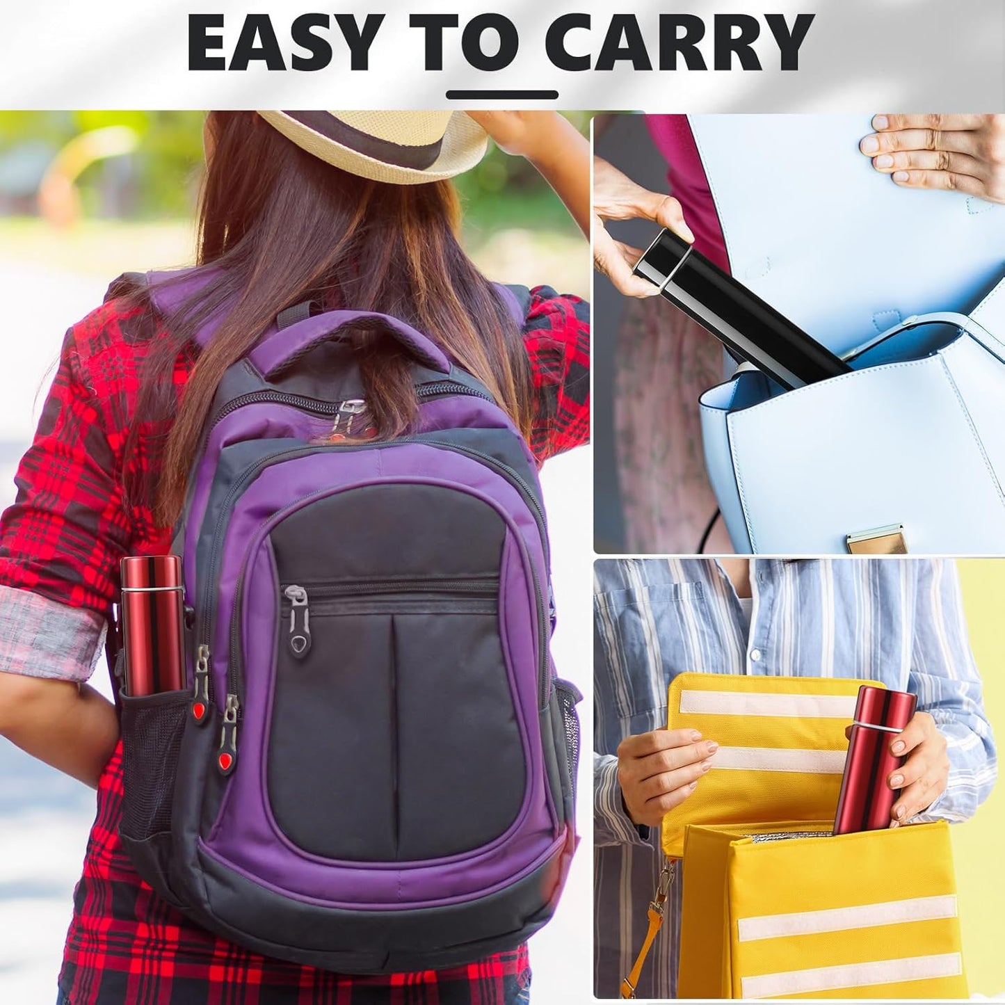 Vesici Slim Water Bottle 8.8 oz Small Stainless Steel Purse Compact Insulated Water Bottles Camping Travel Backpack Pocket Flask for Car Cold Coffee Tea(Black, Red,2 Pack)