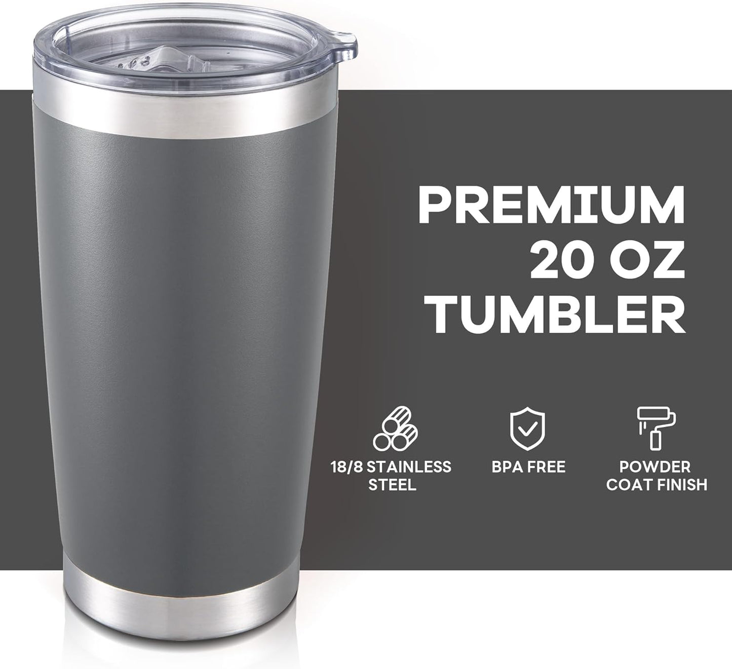 20 oz Tumbler with Lid Stainless Steel Insulated Tumblers Bulk Double Wall Vacuum Cups Powder Coated Travel Mug Keep Drink Cold and Hot, Grey, 8 Pack