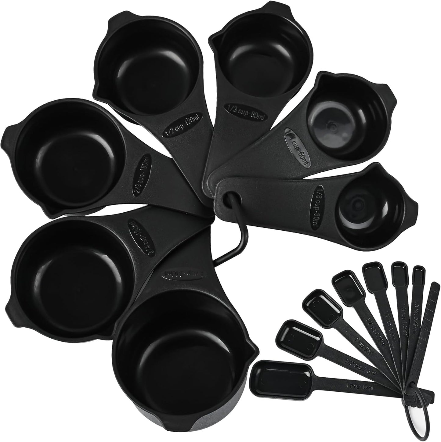 Measuring Cups and Spoons Set 15, 7 Plastic Measuring Cup Spoon Set, 7 Spice Long Handle Measuring Spoons with 1 Leveler for Kitchen and Baking, Dry Metric Measure Cups & Spoons Black