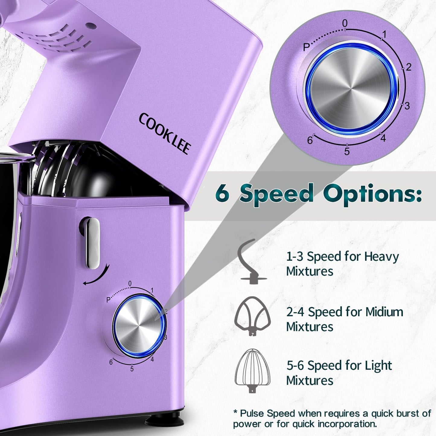 COOKLEE Stand Mixer, 9.5 Qt. 660W Electric Kitchen Mixer with Dishwasher-Safe Dough Hooks, Flat Beaters, Wire Whip & Pouring Shield Attachments for Most Home Cooks, Lavender