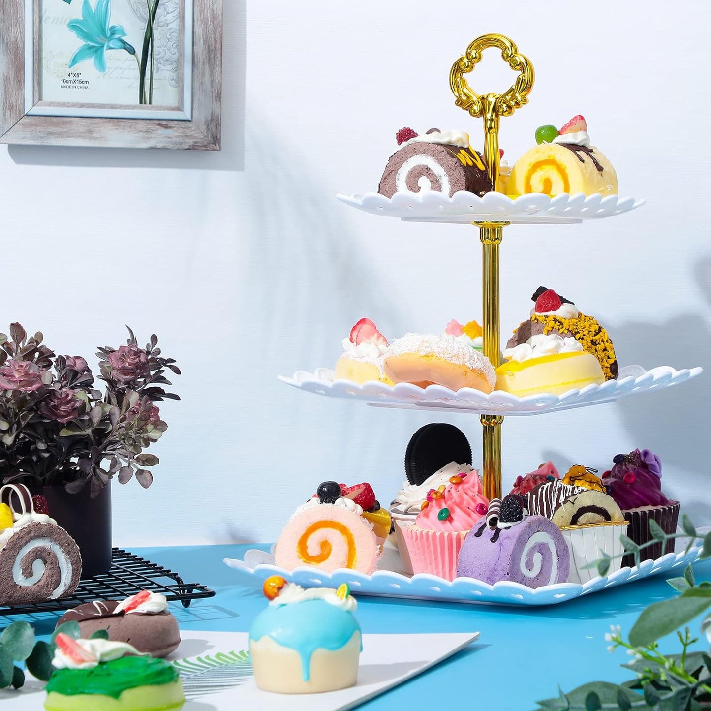 6 Sets of 3 Tier Plastic Cupcake Stand, White Plastic Tiered Serving Stand for Cupcake Stands for Dessert Table Mini Cake Fruit Snack Square Dessert Display Trays for Wedding Birthday