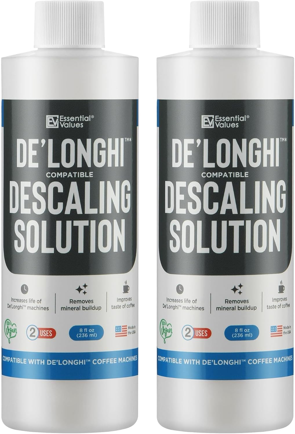 Essential Values Descaling Solution Compatible with De Longhi - Coffee Descaler - Coffee Maker Cleaner - Kettle, Espresso Machine Cleaning - 12 Month Supply 2-Pack