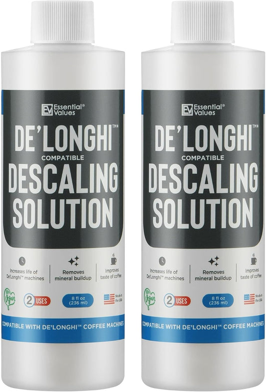 Essential Values Descaling Solution Compatible with De Longhi - Coffee Descaler - Coffee Maker Cleaner - Kettle, Espresso Machine Cleaning - 12 Month Supply 2-Pack