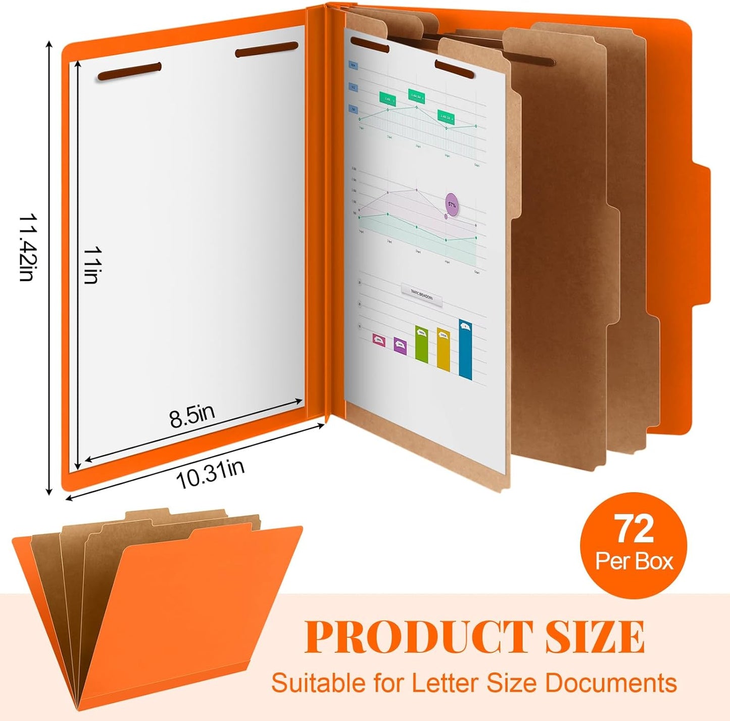 72 Pcs Classification Folders Letter Size, Back to School Supply for Teacher, Student, 3 Dividers Pressboard File Folder Bulk with 2 Fasteners, 3.5 Inch Expanding File Organizer (Orange)