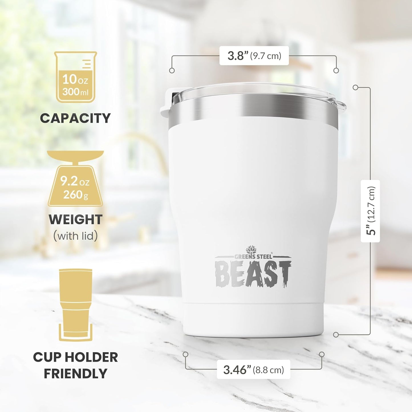 Beast 10 oz Tumbler Stainless Steel Vacuum Insulated Coffee Ice Cup Double Wall Travel Flask (Arctic White)