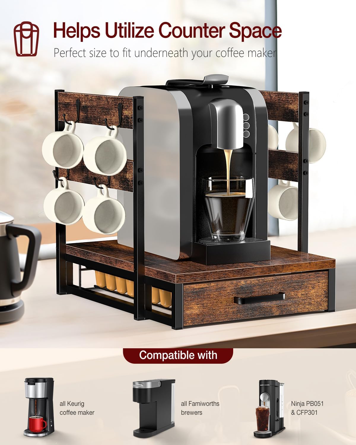 Coffee Pod Drawer Compatible with Nespresso Original Line, 63 Pods Coffee Organizer with Cup Holder, Durable Coffee Maker Stand with Storage Drawer, Rustic Brown