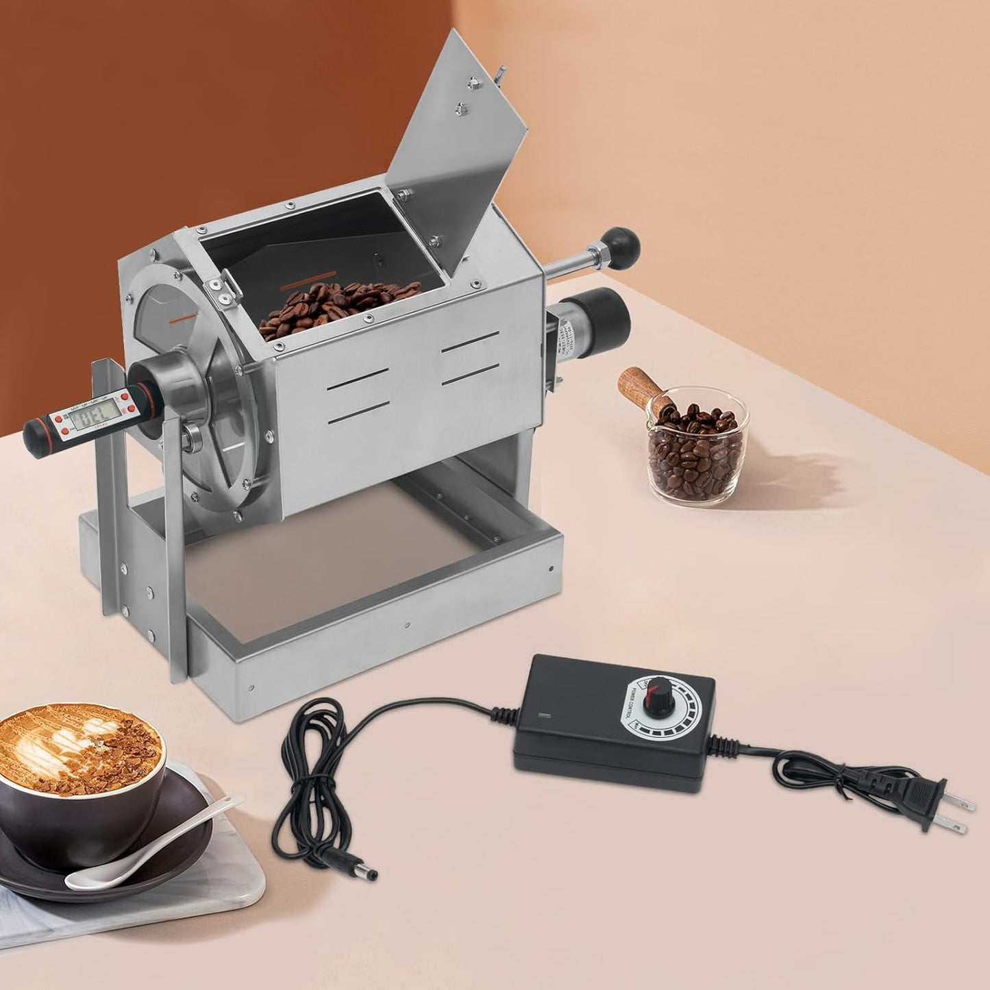 0.66-2.65LBS Automatic Coffee Roaster for Home Use, Stainless Steel Electric Coffee Bean Roaster Machine with Glass Window+Thermometer, Drum Style Nuts Peanuts Roaster Silver