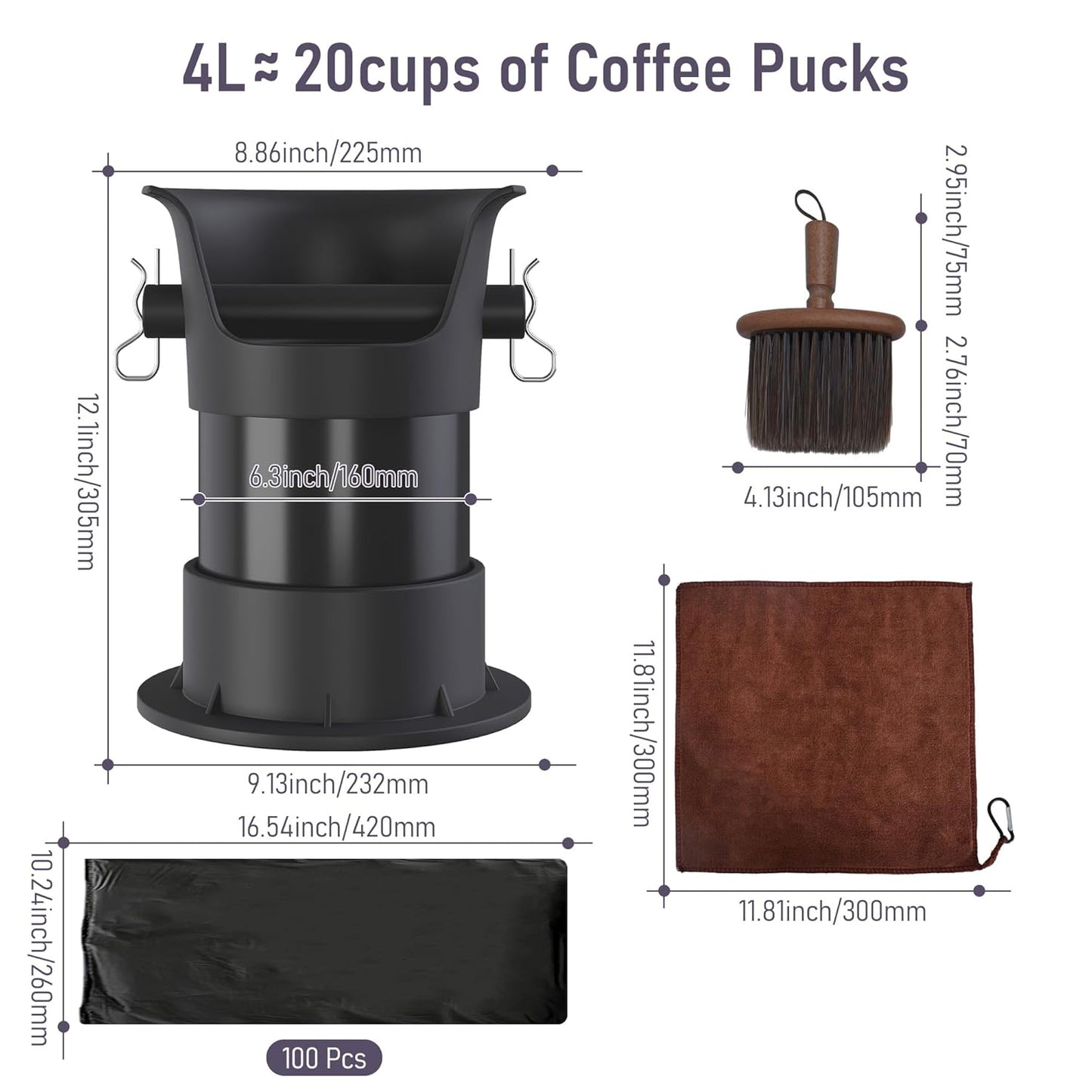 4L Espresso Knock Box, Coffee Grounds Disposal and Recycle Trash Can with Brush, Towel and 100 pcs Collecting Bags, Barista Essential Coffee Accessory for Cafe Shop Home Bars Office Work Breakroom