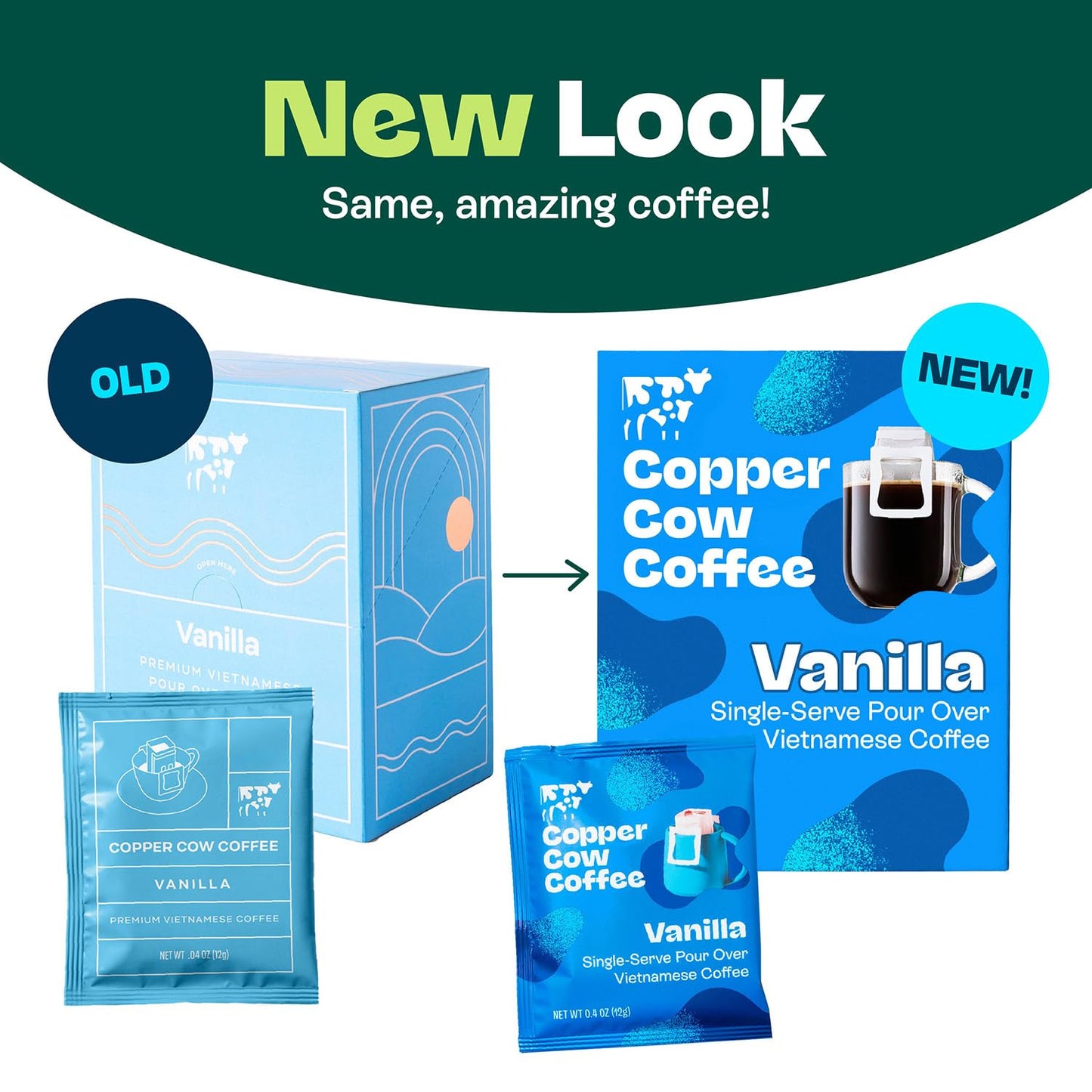 Copper Cow Premium Pour Over Single-Serve Vietnamese Coffee | Vanilla | Dark Roast | Flavored with Vanilla Beans | Includes 16 Coffees