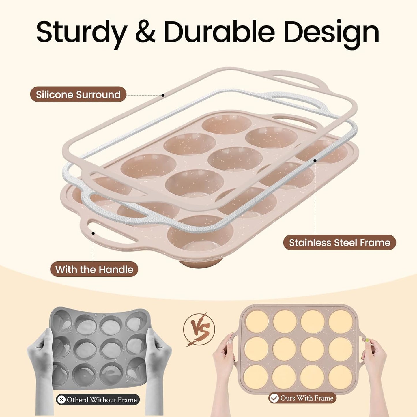 Vinino 2Pack Silicone Muffin Pans for Baking with Metal Reinforced Frame, 12 Cups Regular Size Nonstick Silicone Cupcake Pan, BPA Free Oven Dishwasher Safe Baking Mold for Muffins Cupcakes