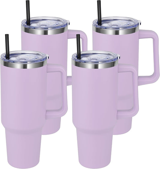 DOMICARE 40 oz Tumbler with Handle and Straw, Stainless Steel Tumbler with Lid and Straw, Reusable Vacuum Insulated Cup, Travel Coffee Mug, Lavender, 4Pack