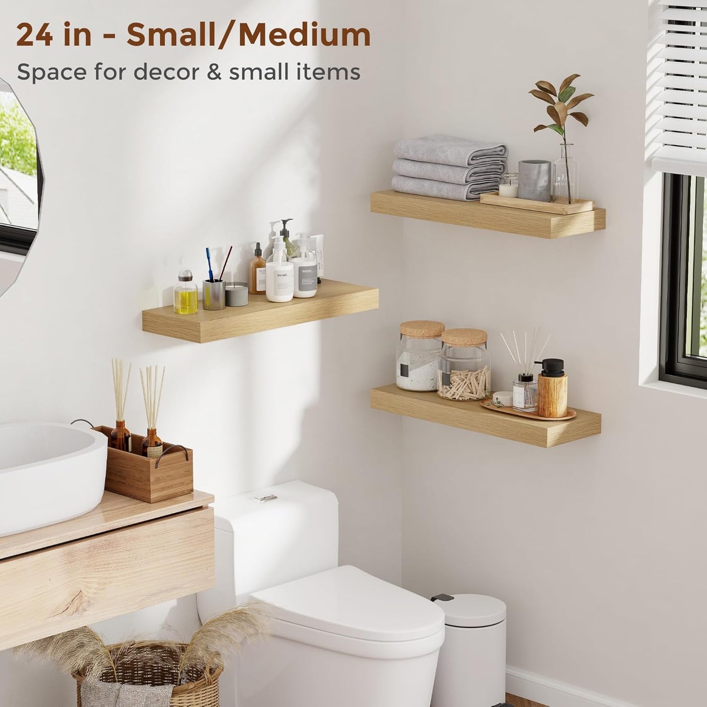 Heimlove 36 Inch Floating Shelves for Wall 8 Inch Deep Oak Shelves Set of 2,Wall Mounted Rustic Wood Long Floating Shelf with Invisible Brackets for Bedroom Kitchen Living Room