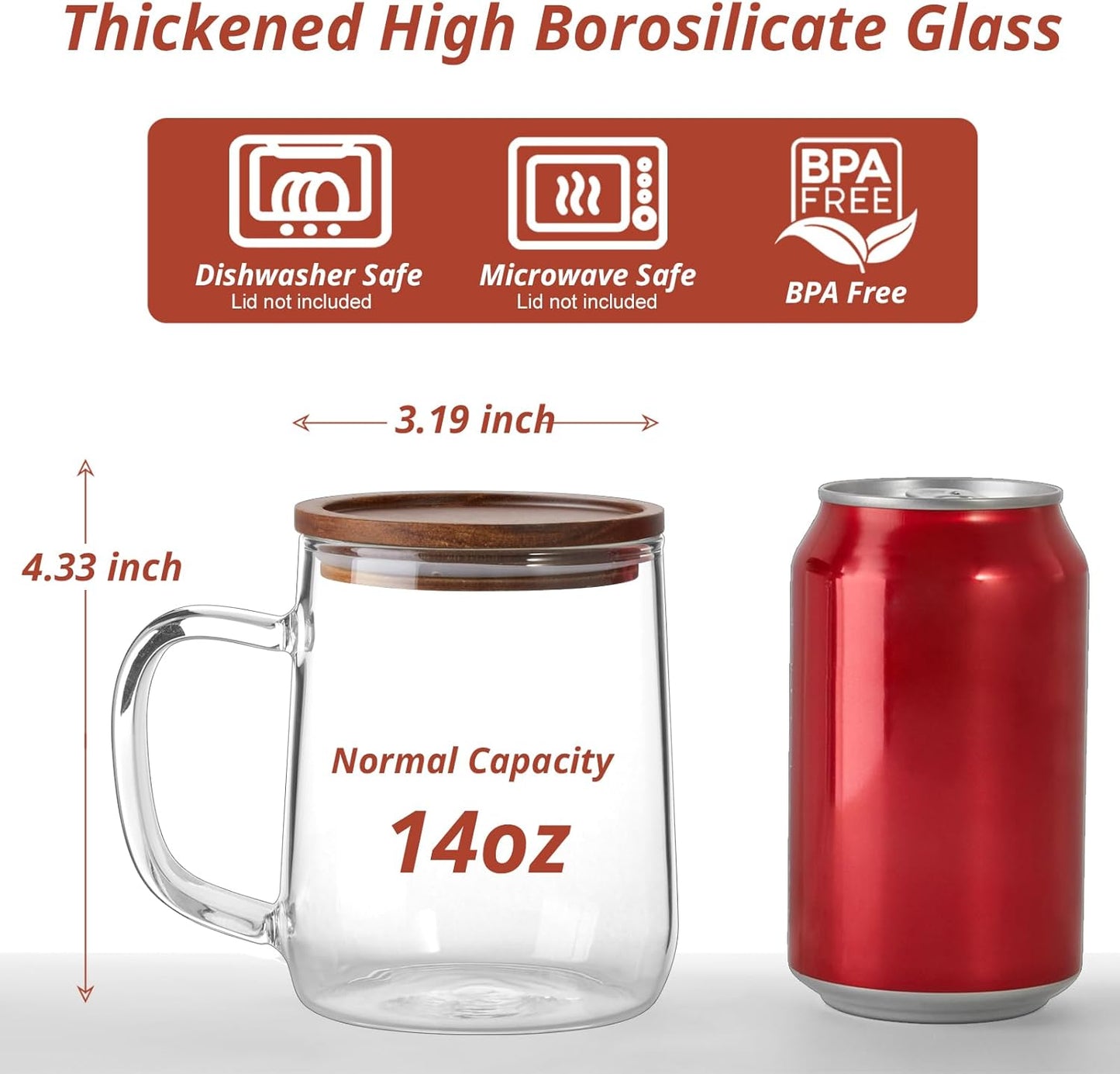 Glass Coffee Mugs, 14 oz Glass Coffee Cups with Acacia Wood Lids, Clear Borosilicate Glass Mugs with Handles for Cappuccino, Tea, Latte, Hot/Cold Beverages, Wine, Americano, Set of 2