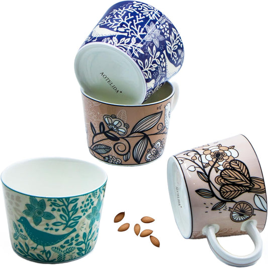 11 oz Mugs Set of 4 Porcelain Coffee Mugs Flower Mug Handle Oatmeal Milk Breakfast cup Painted Bone China Round Coffee cup
