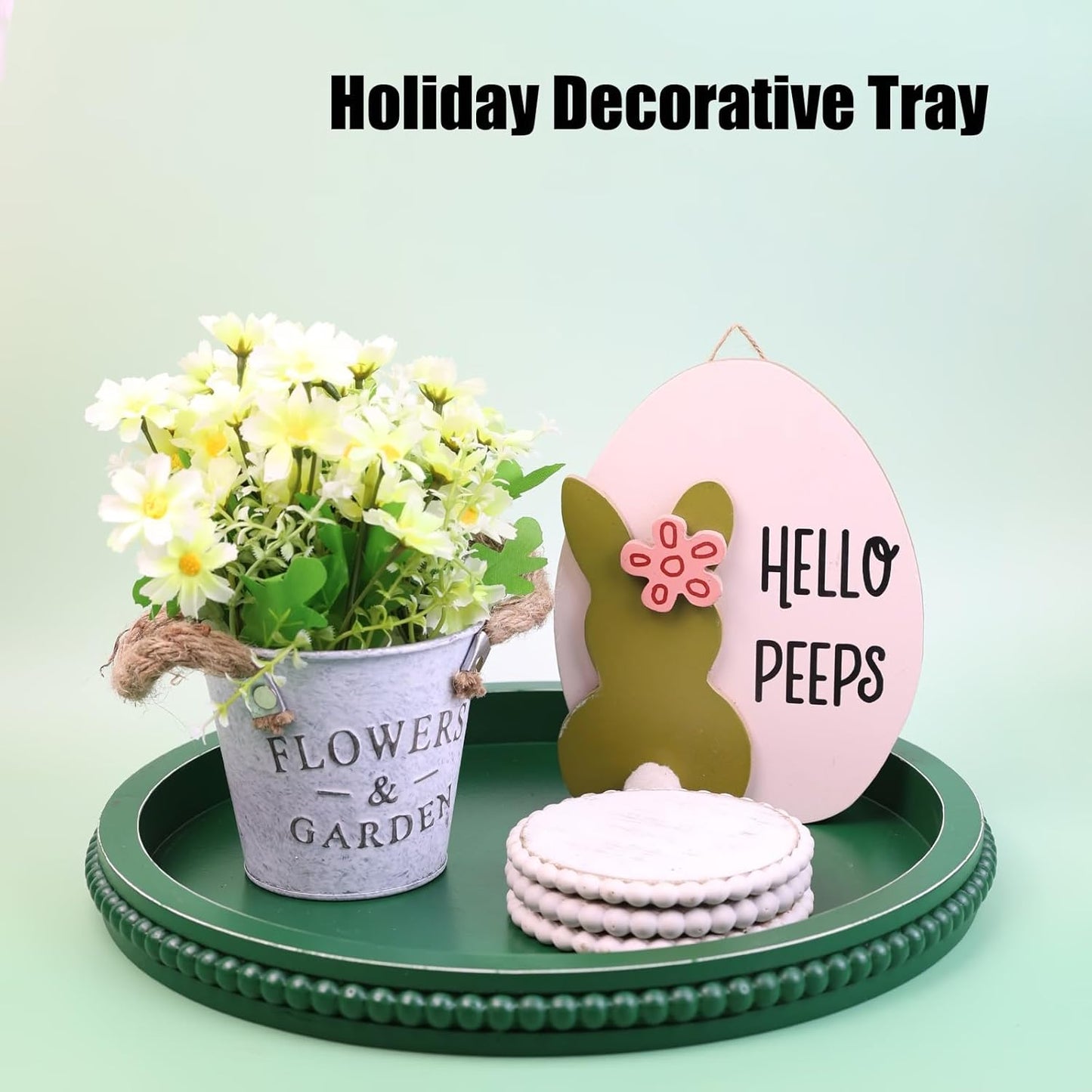 Green Round Wood Decorative Ottoman Tray for Coffee Table Kitchen Counter, Living Room, Handcrafted Green Wooden Serving Tray for Table Centerpiece