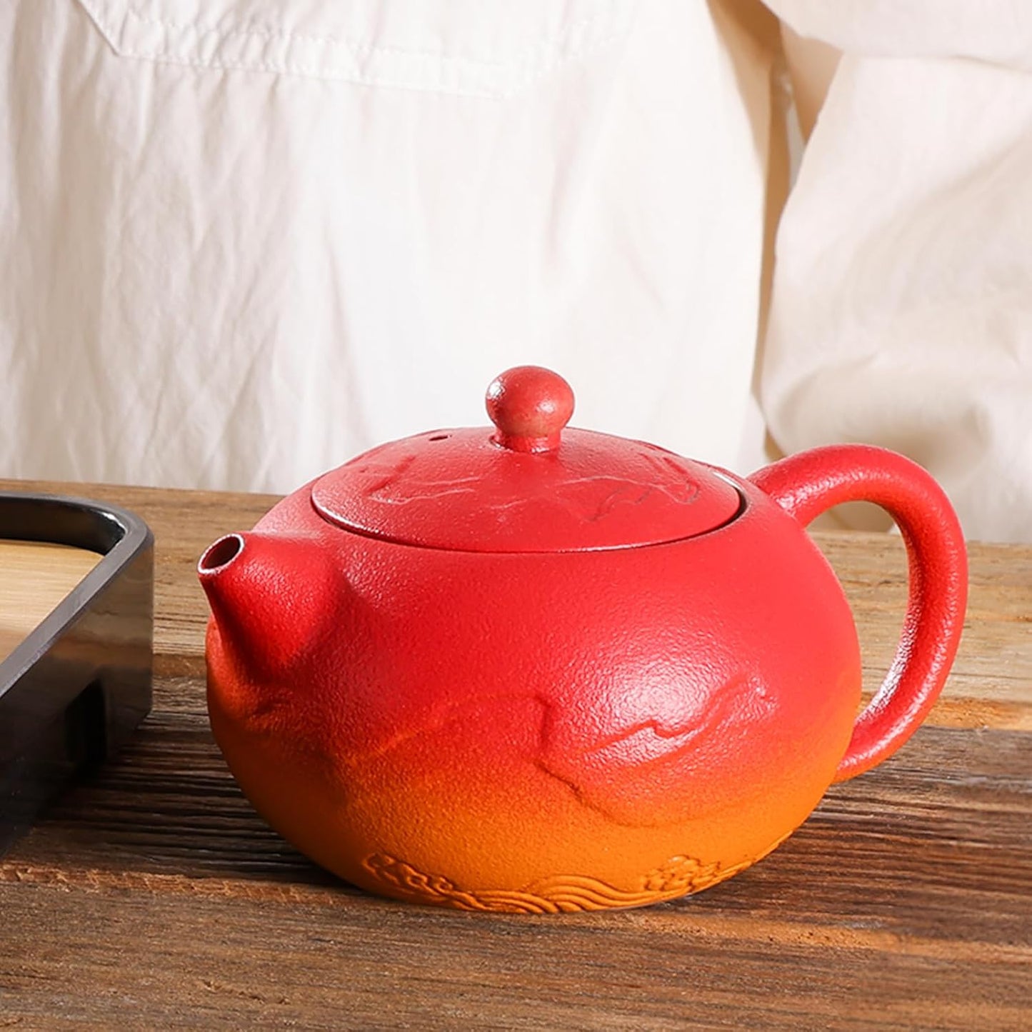 LURRIER Gongfu tea sets, Portable Ceramic TeaSet, Asian Tea sets for adult, Tea Gift sets, Grey leather case, Portable Travel Bag,Home,Gifting,Outdoor and Office(XRed and Orange)