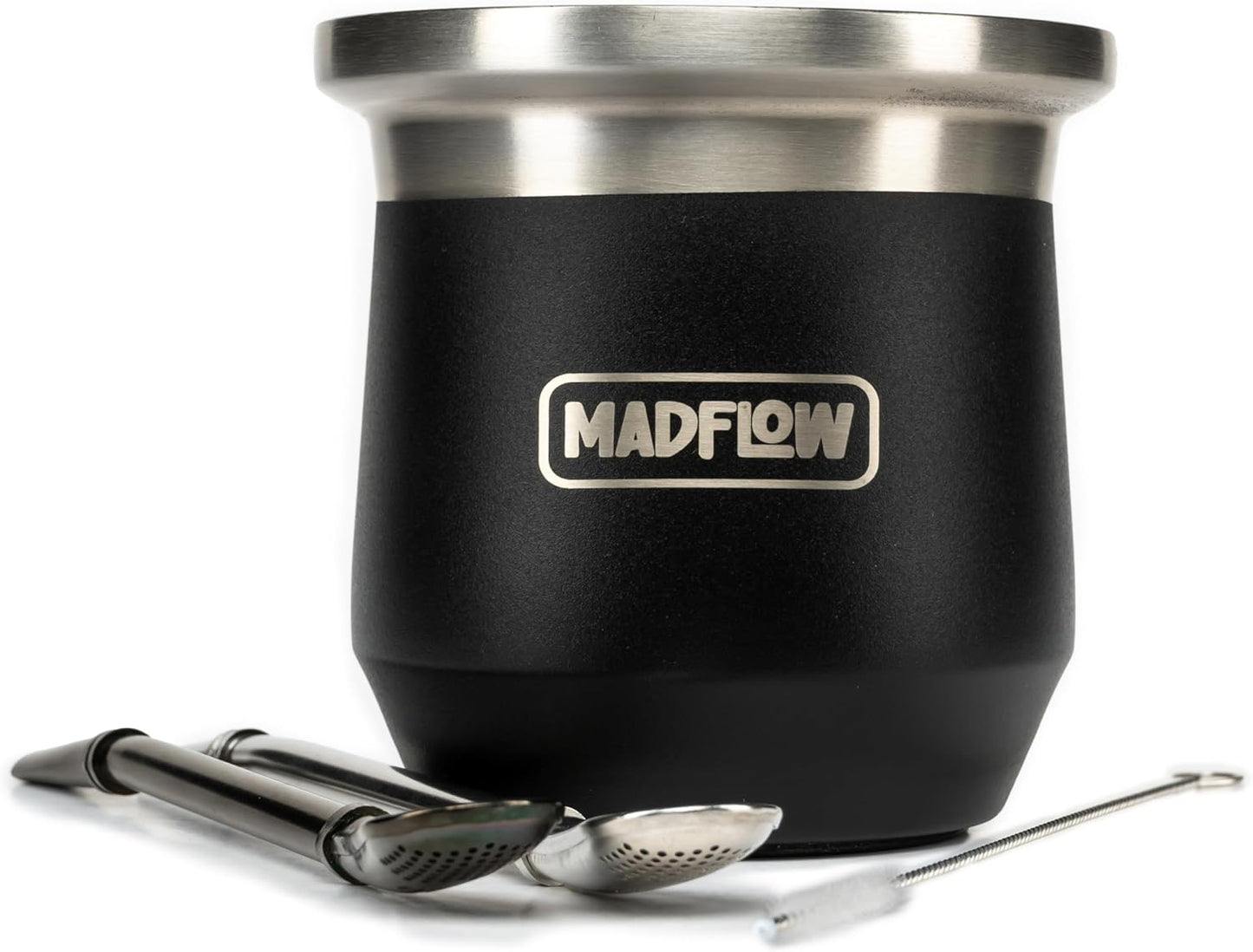 MADFLOW Yerba Mate Cup. Stainless Steel Mate Cup with 2 Bombillas. Double Wall Vacuum Insulated Yerba Mate Gourd. Unique Mate Cup And Bombilla Set
