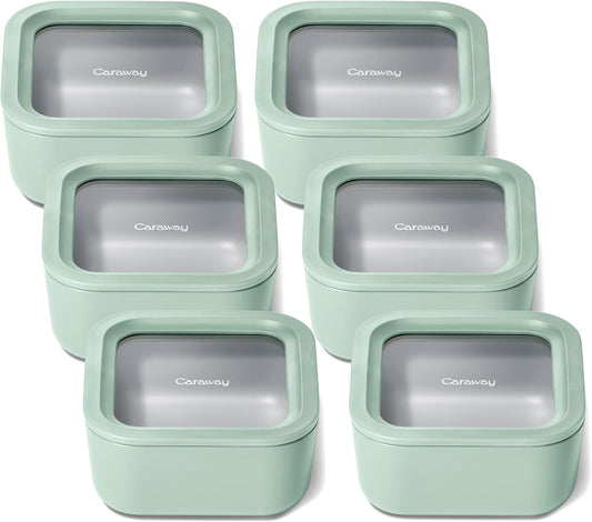 Caraway 6pc Glass Food Storage Set – 4.4 Cup Food Containers (6) - Ceramic Coated - Non Toxic, Non Stick with Lids - Microwave Safe - Mist