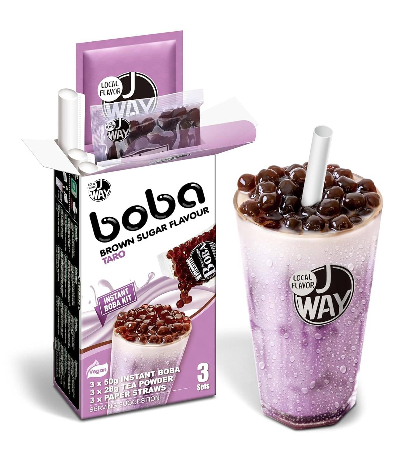 J WAY Instant Boba Bubble Pearl Taro Milk Tea Kit with Authentic Brown Sugar Tapioca Boba, Ready in Under One Minute, Paper Straws Included - 3 Servings