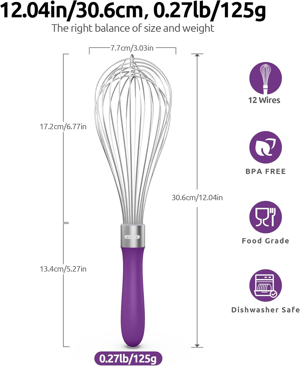 U-Taste Balloon Whisk for Cooking: 18/10 Stainless Steel Kitchen Wire Whisk, 12in Large Heavy Duty Egg Beater, Manual Mixing Tool with 12 High Flex Wires for Stirring, Blending Sauce (Purple)