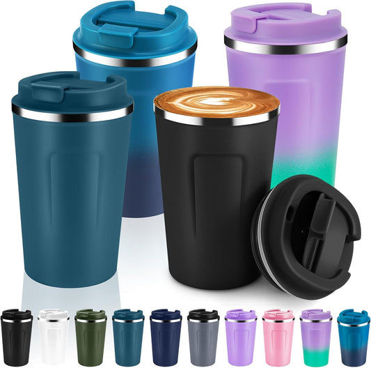 Volhoply 12 oz Double Wall Insulated Vacuum Travel Coffee Mug with Flip Lid Bulk 4 Pack,Reusable Stainless Steel Leak Proof Coffee Cups,Portable Cafe Thermal Tumbler for Cold Drinks(Assorted,4 Set)