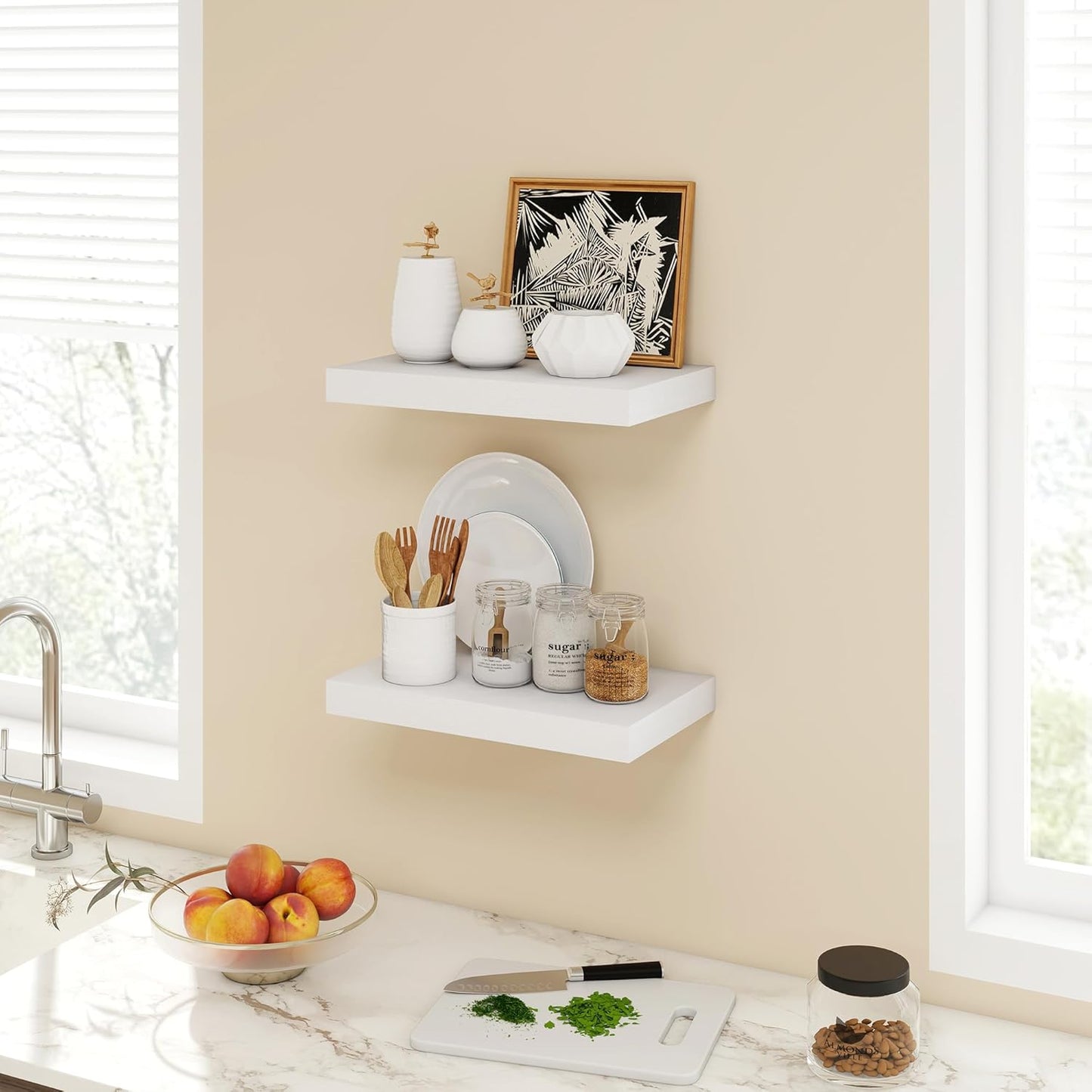 16 Inch Floating Shelves, 9.3" Deep Floating Shelf Wall Mounted, 16" Wall Shelves, Rustic Deep Bookshelf, Large Display Shelves & Storage Shelves for Bedroom, Living Room, White, Set of 2