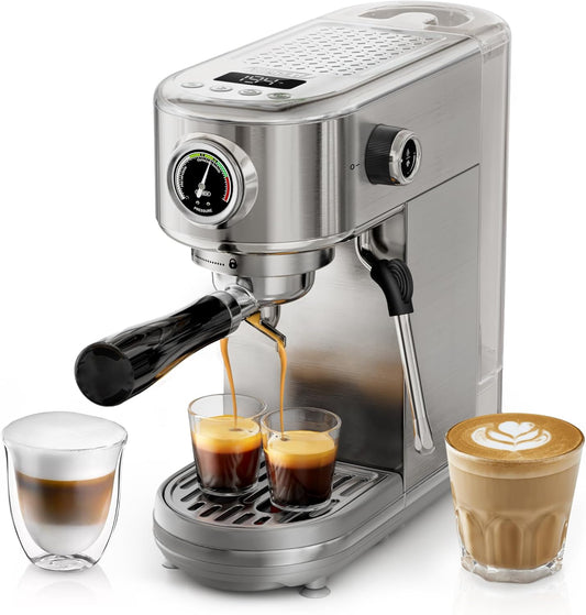 HIBREW Espresso Machine 20 Bar, Semi-Automatic Cappuccino Maker with Milk Frother for Latte Art, Adjustable Temperature & Water Volume, with Display, Pressure Gauge & Stainless Steel Body